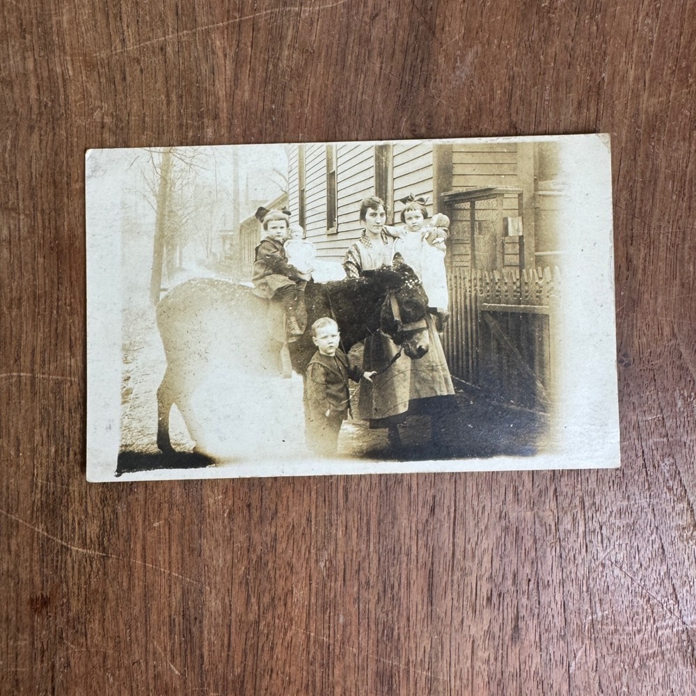 Antique Photograph Snapshot of Woman Children and Donkey Cairo Illinois‎